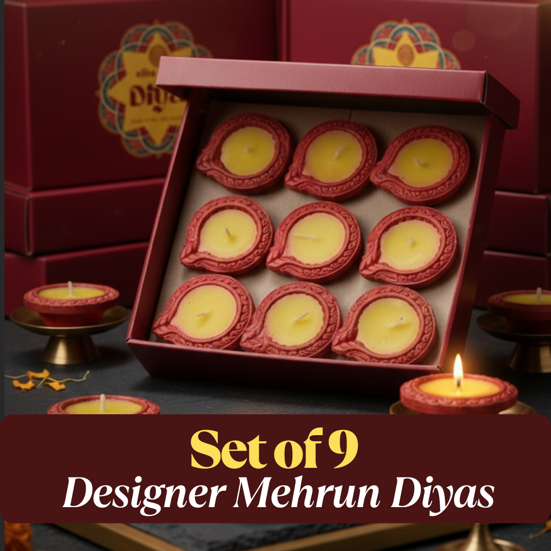 EliteRoots Ready-to-Use Premium Ghee Blended Diya Box | Set of 9 Designer Diyas in Vibrant Mehrun