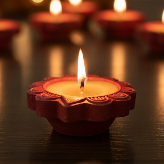 EliteRoots 16 Ready-to-Use Premium Ghee Blended Diya Box | Set of 16 Small Size Designer Diyas in Vibrant Mehrun