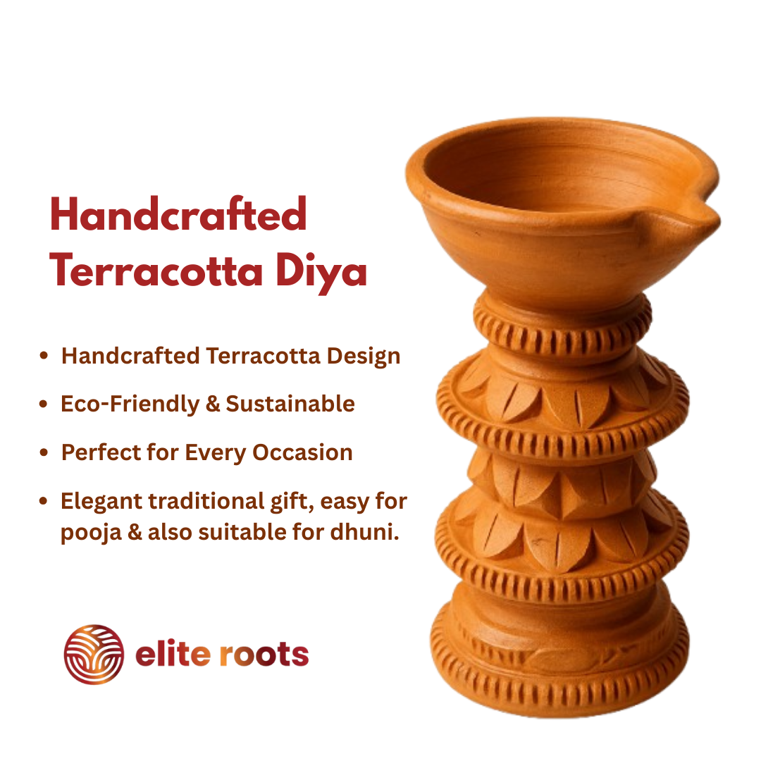 EliteRoots Handcrafted Terracotta Diya | Traditional Carved Brown Clay Lamp | Decorative for Pooja, Festivals, Diwali & Home Decor | Pack of 1