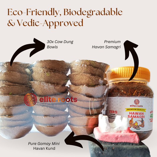 Mini Havan Kund 30 Days Complete Kit - 350g Samagri, Cow Dung Diyas & Nano Kund