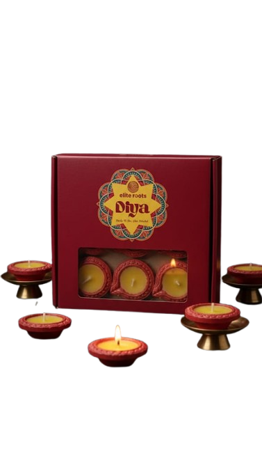EliteRoots 9 Ready-to-Use Premium Ghee Blended Diya Box | Set of 9 Designer Diyas in Vibrant Mehrun