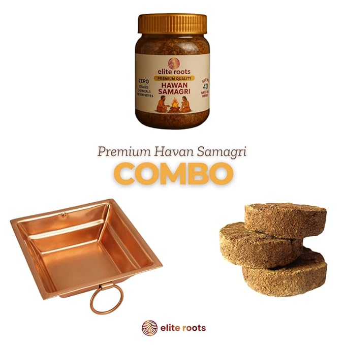 EliteRoots Havan Samagri Kit – Havan Samagri + Copper Kund + Cow Dung Kande