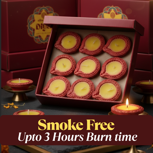 EliteRoots Ready-to-Use Premium Ghee Blended Diya Box | Set of 9 Designer Diyas in Vibrant Mehrun
