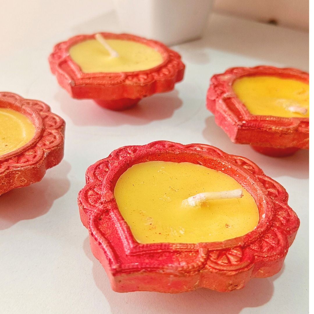 EliteRoots 9 Ready-to-Use Premium Ghee Blended Diya Box | Set of 9 Designer Diyas in Vibrant Mehrun