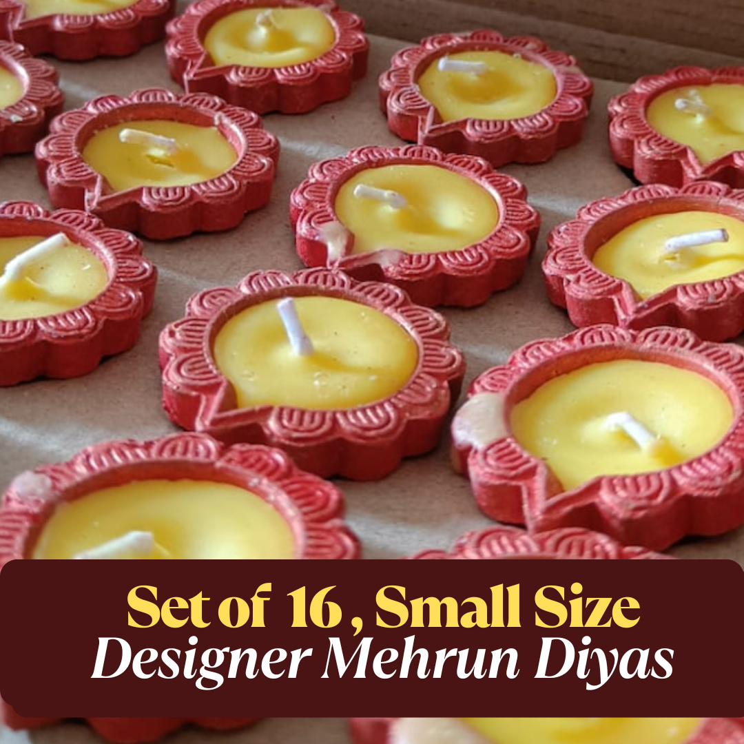 EliteRoots 16 Ready-to-Use Premium Ghee Blended Diya Box | Set of 16 Small Size Designer Diyas in Vibrant Mehrun