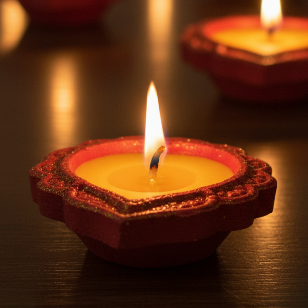 EliteRoots 9 Ready-to-Use Premium Ghee Blended Diya Box | Set of 9 Designer Diyas in Vibrant Mehrun