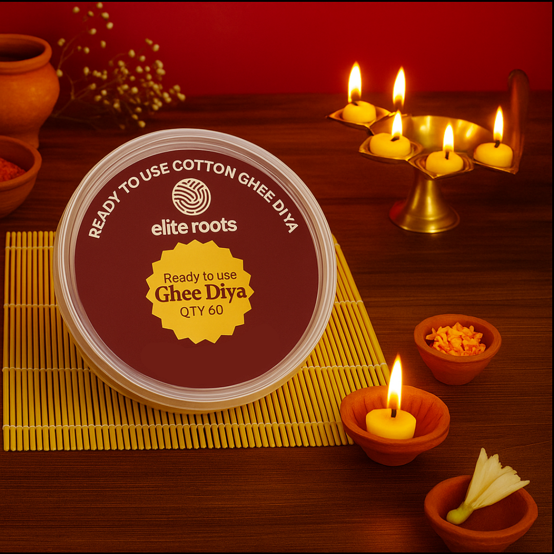 EliteRoots Cow Ghee Diya with Batti, Ready to use, Pack of 60