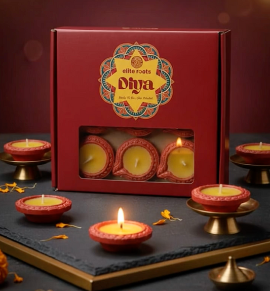 EliteRoots Ready-to-Use Premium Ghee Blended Diya Box | Set of 9 Designer Diyas in Vibrant Mehrun