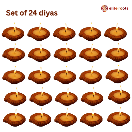 EliteRoots Wax Mix Ghee Diya Terracotta Clay Diya Upto 55 Minutes Burn Time Pack of 21, Medium Size