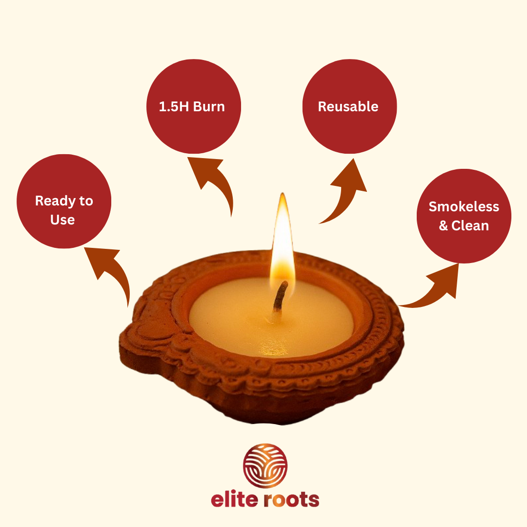 EliteRoots Wax Mix Ghee Diya Terracotta Clay Diya Upto 55 Minutes Burn Time Pack of 21, Medium Size