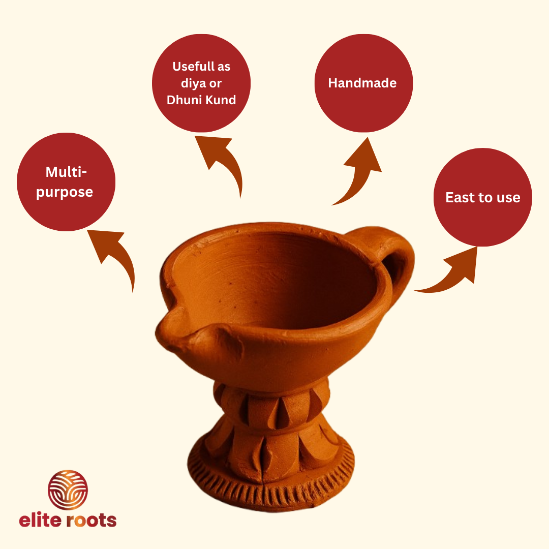 EliteRoots Handmade Natural Clay Dhuni | Terracotta Loban Dani Burner & Hawan Pot Stand | Traditional for Pooja, Dhoop, Dhuni & Home Décor