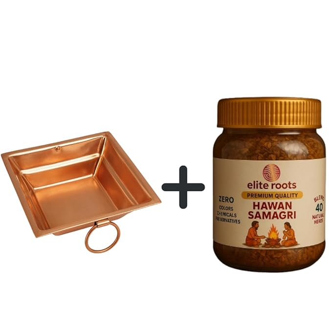 EliteRoots Havan Samagri Kit – Havan Samagri + Copper Kund + Cow Dung Kande