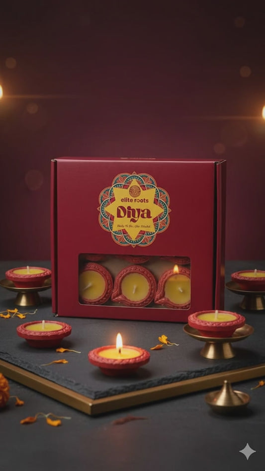 EliteRoots Ready-to-Use Premium Ghee Blended Diya Box | Set of 16 Small Size Designer Diyas in Vibrant Mehrun